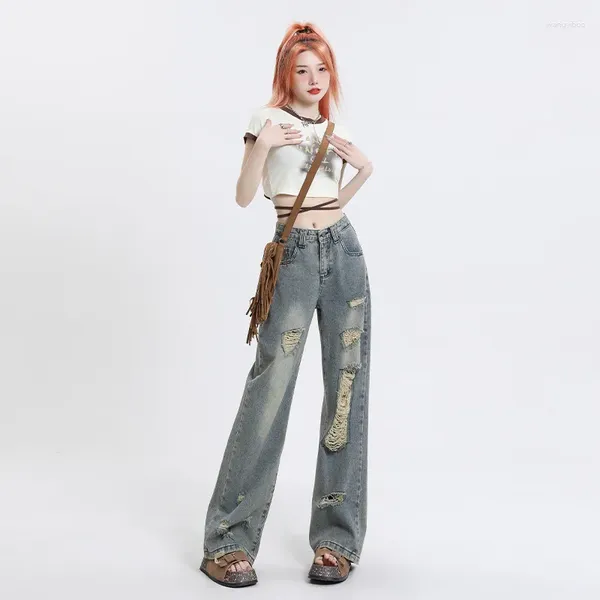 Jeans da donna abbigliamento da donna abbigliamento americano in stile retrò highwaist streetwear lavato pantaloni a gamba a gamba con sottile primavera strappato