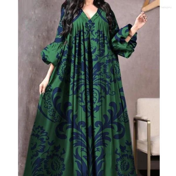 Lässige Kleider Frauen Fashion Print v Hals Big Swing Pullover Kleid Female Strand Boho Plissee Elegante Langarmöge Loose Robe