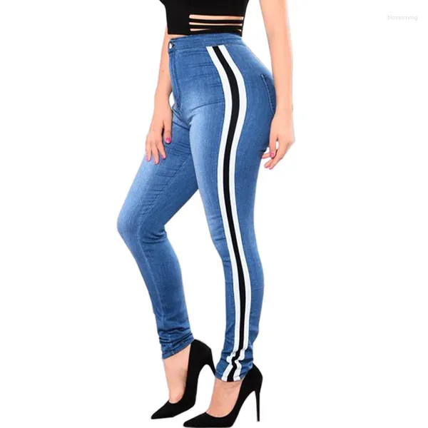 Jeans feminino listrado na cintura alta perneiras magras mulher sexy push up jencish calça jeansy damskie