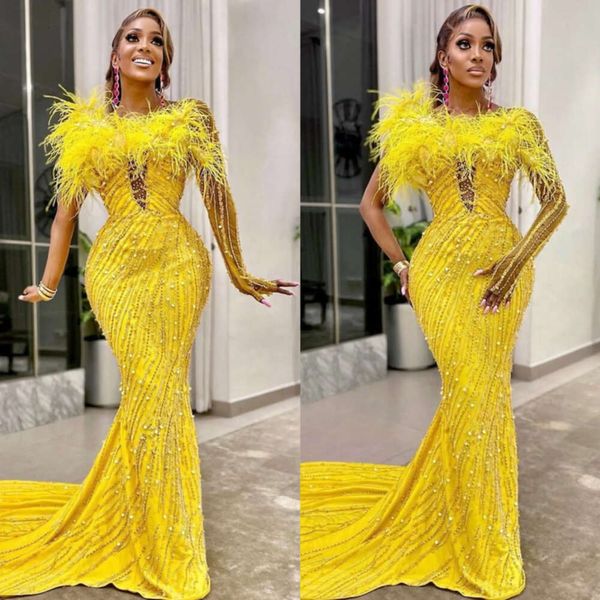 Mermaid amarelo árabe elegante penas deslumbrantes à noite um ombro lantejas de pérolas vestidos de baile formal vestidos africanos para vestidos de festa OCN especiais es