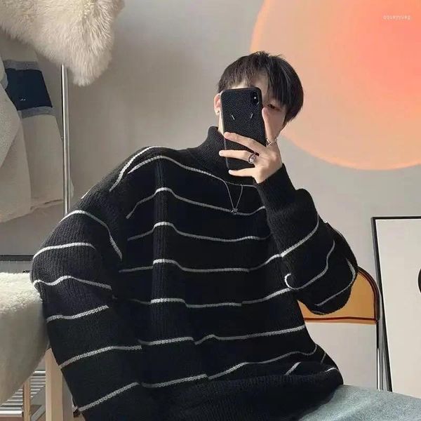 Maglioni maschili maschile maschile maschio pullover bianco curiosità abbigliamento a strisce alto colletto alto overfit classico y2k streetwear inverno 2024