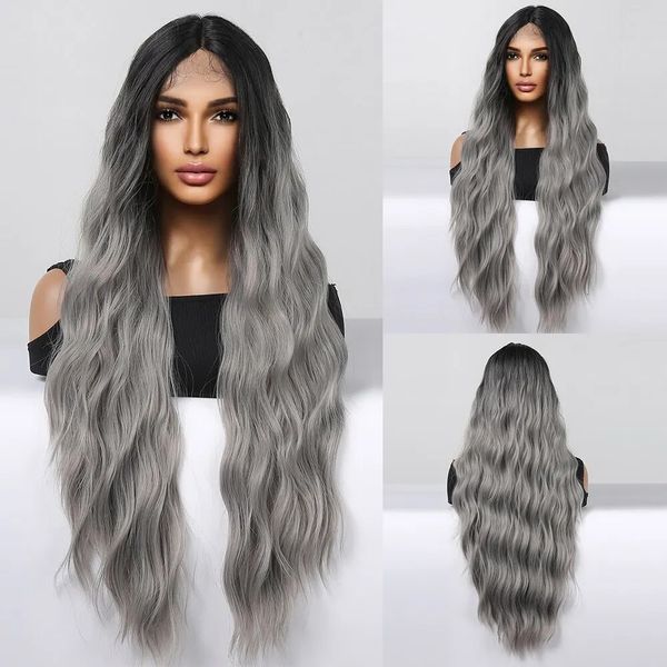 Parrucche da cosplay ondulato lunghe con pizzo di cenere di cenere grigio ombre per donne nere resistenti al calore in fibra resistente ai capelli giornalieri 240416