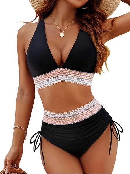 Momento de banho feminina Sexy High Swimsuit Swimens Solid Bikini 2024 Patch Work Swimsuit Fomens Biquini Dress Bikini Set Set Suit de praia Y240429