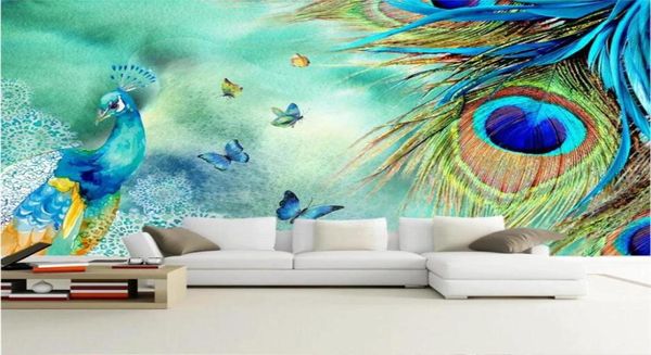 papel de parede personalizado mural 3d moda simples pavão rico e sortudo auspicioso sofá de fundo de parede decoração de sala de estar 05981897