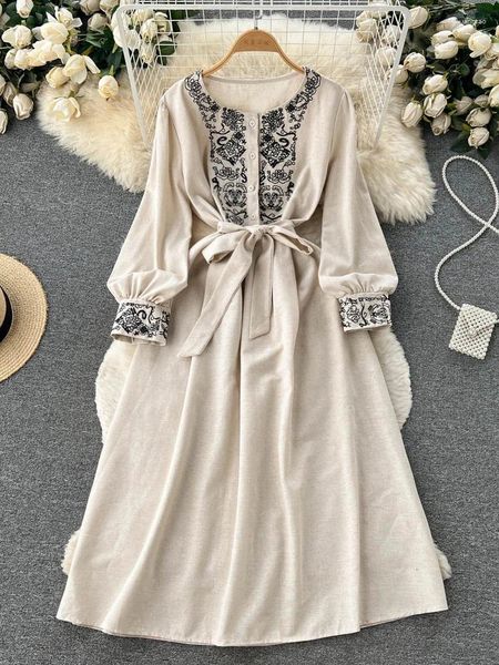 Abiti casual Hikigawa Chic Fashion Women Women Heavy National Style National Cotton Linen Bandage All Match Vestidos Mujer