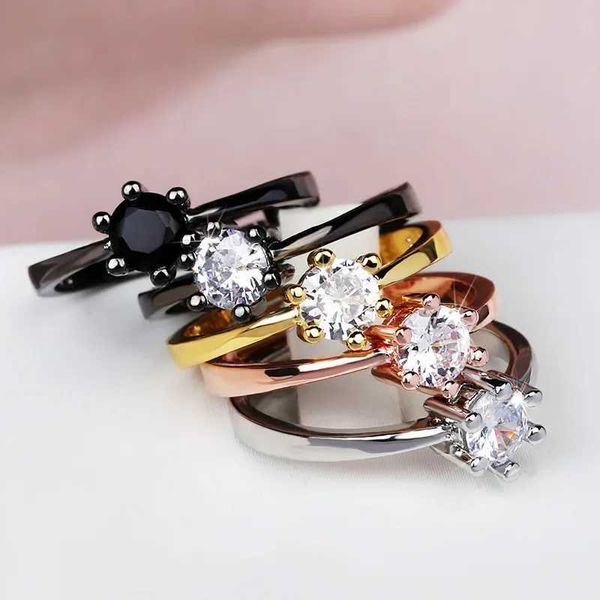 Полоса Rings Classic Six Claw Zircon Rjewelry Simple Black Gold White Diamond Rweddbridal Регулируемое обручальное кольцо J240429