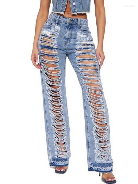 Frauen Jeans sexy zerrissene Flare Women Night Clubwear für Party Lange Hosen Glockenboden hohe Taille mit Taschen Blue Hole Jeanshose
