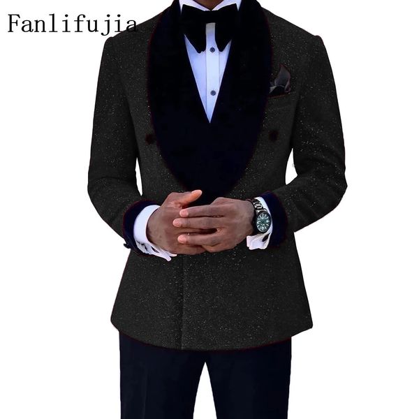 Fanlifujia Luxury Glitter Glitter serve aos homens noivo Casamento Tuxedo Double Blazer Blazer Festa formal Party Prom Dress 2 Peças Conjunto 240430