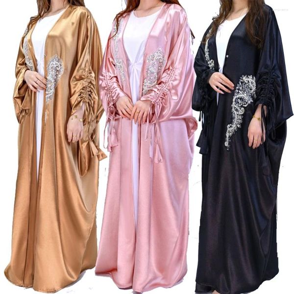 Ethnische Kleidung Dubai Frauen Muslim Satin Offene Abaya Kimono Strickjacke Langes Maxikleid Türkei Eid Party Kaftan Arabische Robe Marokko Jalabiya