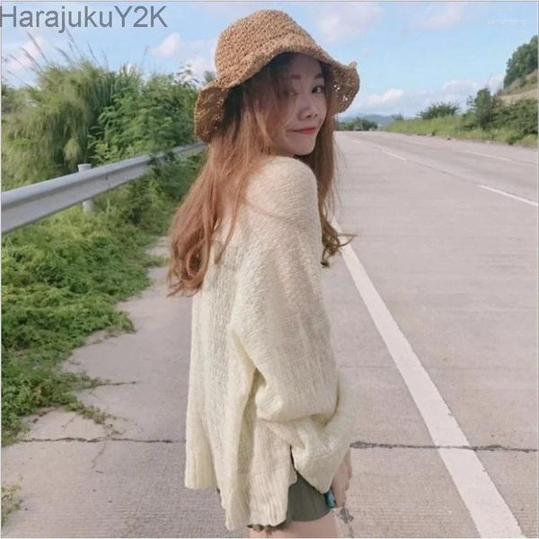 Damen Strick Strickjacke Frauen Lange Tops Sommersonne-Proof All-Match Koreanische Mode weiß süßer solider eleganter Harajuku Frauenkleidung lässig