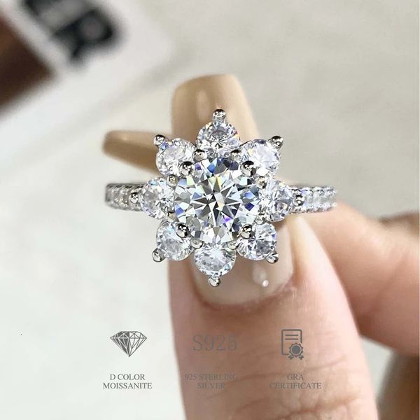 DW Luxury Real 12ct Diamond Wedding Gift Sun Flower Rings For Women Girl 925 Sterling Silver Sparkling Jóias finas 240428