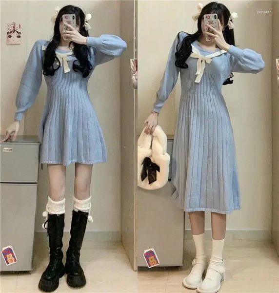 Повседневные платья вязаные теплое платье Женщины auroumn internt вязание винтажное воротник элегантный длинное рукав короткая корейская мода 2024 Boho