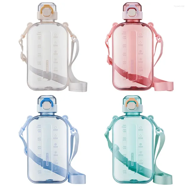 Garrafas de água 750ml Sports Bottle Transparent Portable Drink com marcador de tempo Correia ajustável para acampamento Fitness
