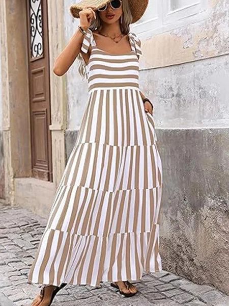 Vestidos casuais vestido com estampa listrada elegante vestido feminino de moda feminina de renda com ombro acima de férias sem férias soltas vestidos de praia