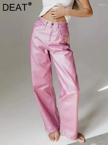 Pantaloni da donna alla moda ad alta vita con un pulsante singolo a colore solido lucido gamba larga a lunghezza larga 2024 marea 7ab1708