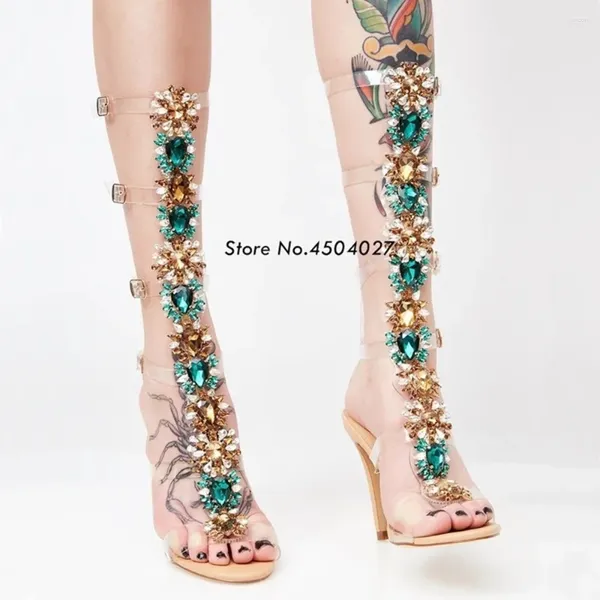 Botas tiras da fivela moderna Mulher fina joelho de joelheira alta Rhinestone Gladiator Sandal Bohemia Style Crystal Shoes