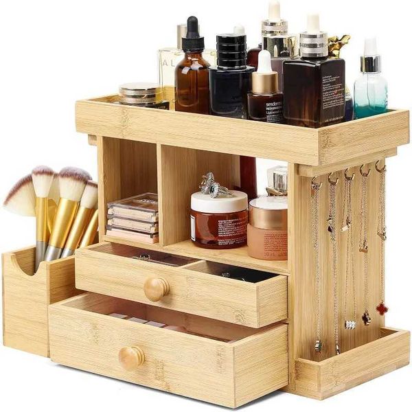 Organizador cosmético Bamboo Makeup Jewelry Storage Multi Funcional Surfines adequado para mesas de vestir banheiros Q240429