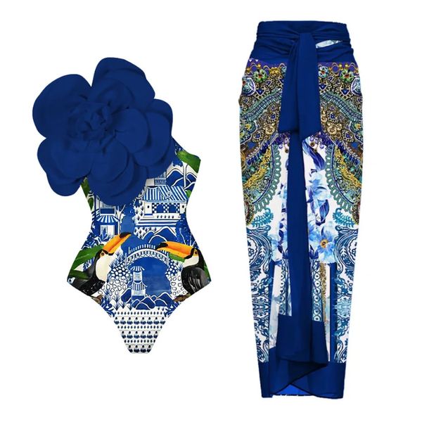 Blue OneSloulder Ruffen -Druckblumen -Badeanzug -Set -Deck -Einzelstück Micro Monokini Sexy Badebekleidung für Mädchen Sommer Beach 240420