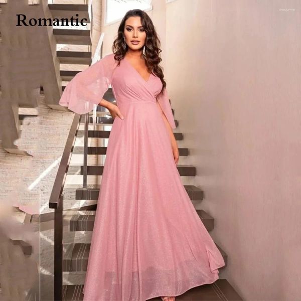 Vestidos de festa românticos uma linha rosa/vermelho chiffon simples baile v pescoço comprimento