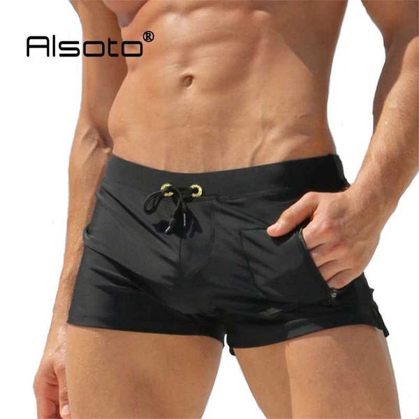 Herren Badebekleidung Herren Badeanzug Boxen Shorts Sommer Beach Surfboard sexy homosexuelle Penisbeutel Winter Schwimmen Sungas de Praia Homens Q240429