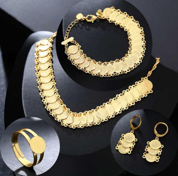 Jóias de moedas árabes clássicas conjuntos de colar de cor dourado Brincos de pulseira anel do Oriente Médio para mulheres muçulmanas Bijoux 2106191332297199976