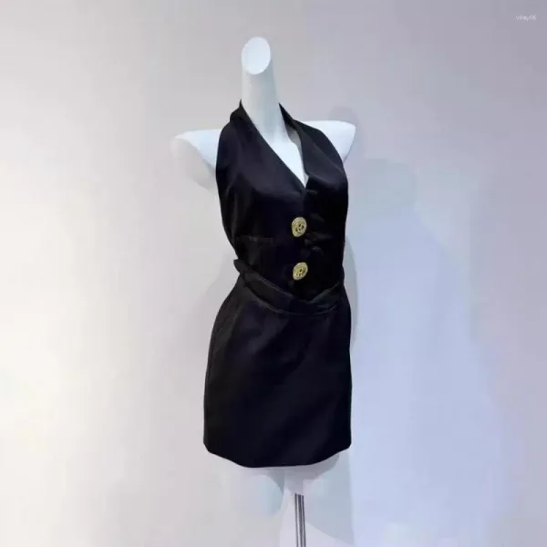 Vestidos casuais vintage sexy decote em v back back halter vestido curto slim fit francês