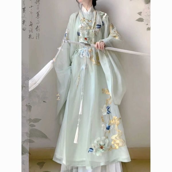 Roupas étnicas verde hanfu ming wei jin estilo verão use fino grande manga larga bordado feminino conjunto completo de vestido de estilo chinês hanfu mulheres