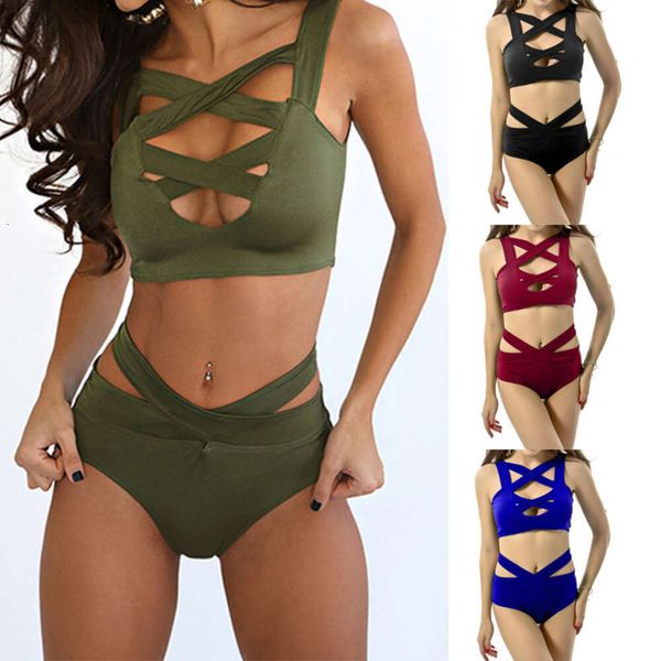 Swimwear femminile 2024 Nuovo Bandage Cross Bikini High Waist Solid Color Swim Swimsuit per donne