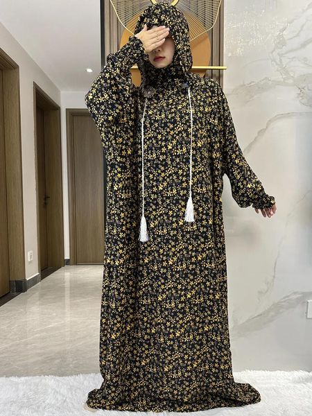 Roupas étnicas 2024 Ramadã Muçulmano Dois chapéus abaya dubai Turquia Islam Roupos de oração de algodão floral vestidos de tecido mulheres vestidos de kaftan