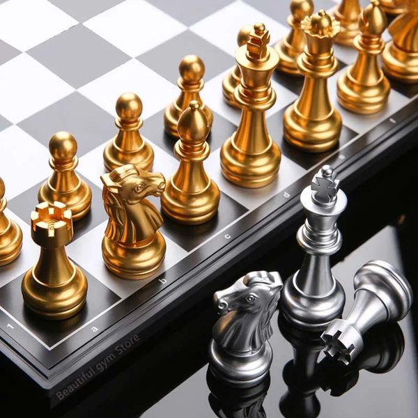 Средневековые шахматы с высококачественной шахматной доской 32 золотые серебряные шахматы магнитные шахматы настольной игры набор фигуры Szachy Scheer 240415