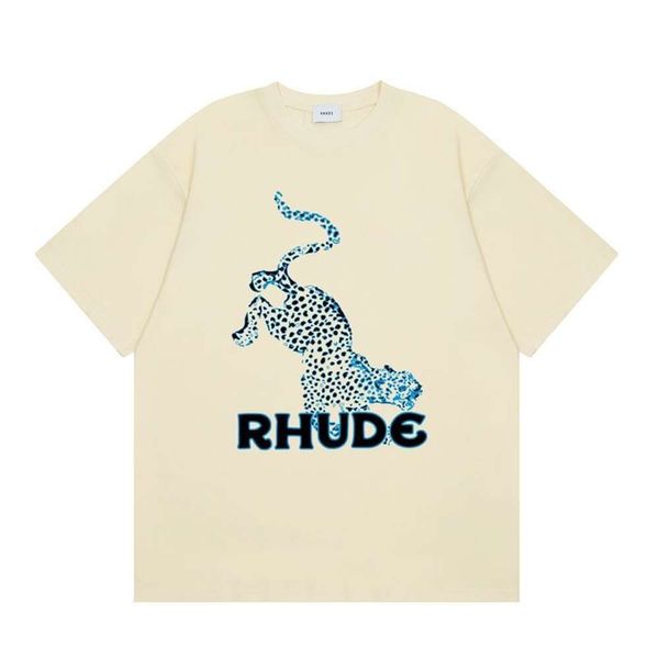 Rhude T-Shirt Tasarımcı Tee Lüks Moda Erkek Tshirts Marka Yaz Gevşek Yeni Leopar Günlük Çok Yönlü Baskılı Saf Pamuk Kısa Kısa Kısa Kısa Erkek ve Kadınlar İçin