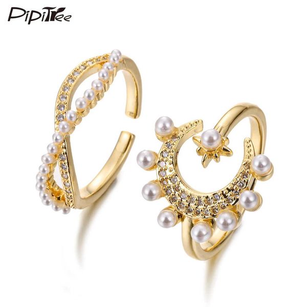 Anelli di banda zirconia cubica di rame infinito luna e stella anello femminile aperto regolabile per la festa di perle gioielli da sposa Q240429