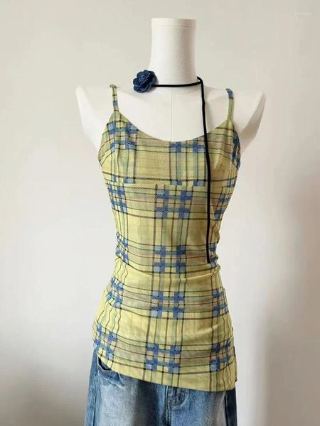 Frauen Tanks Casual Yellow Tanps Tops Sommer Ärmele Frauen grundlegende Plaid Camisole Streetwear sexy von Schulter einfacher Weste japanische Mode