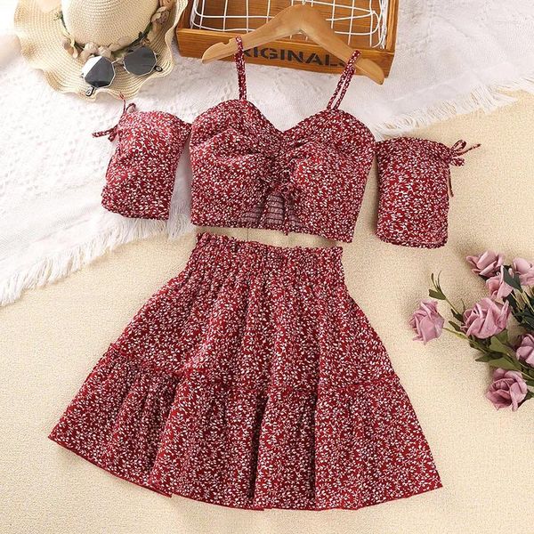 Kleidungsstücke Sets Mädchen 8-12 Jahre kleines Mädchen rot florale Halfter Rock koreanische Style Anzüge Sommer Casual Clothes