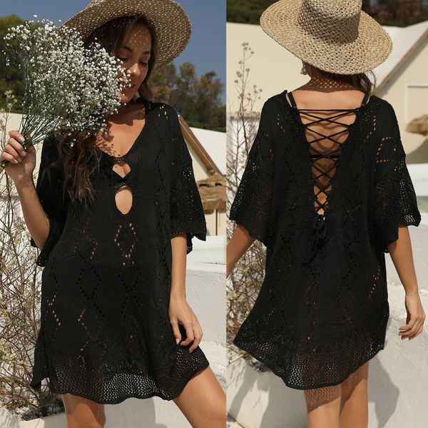 Womens Sexy Backless Lace Up Hollow Out See através da blusa de tecido Loose Beach Dress 200247