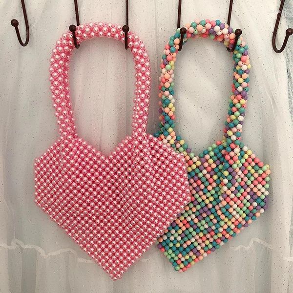 Вечерние сумки Pink Love Handwoven Жемчужные из бисера мода Retro Ins Simple Color Peach Heart Design Женская сумка для плеча в сумочке