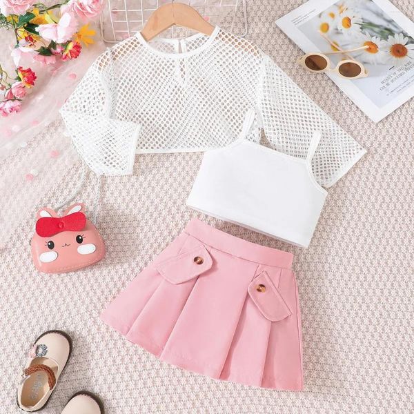 Set di abbigliamento Girls Summer Maniche lunghe T-shirt Hollow Solid White Crop Tops Abiti casual per bambini