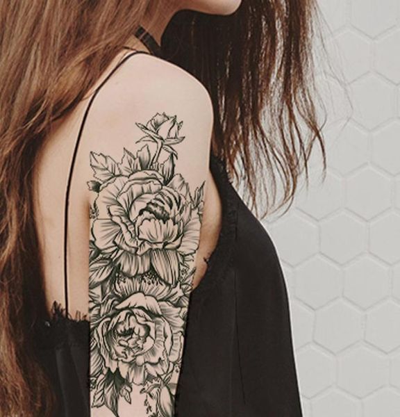 Rose Peony Flower Girls Tattoos temporários para mulheres Adesivos de tatuagem preta à prova d'água 3d Lady ombro ombro -DIY Tatoos3099825