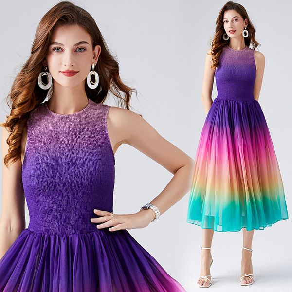 Rainbow Flowing Big Swing Swing sem mangas vestido longo designer de verão Mulheres no pescoço redondo A-line Dresses de festa de luxo Ladies Print Casual Beach Resort Roupos 2024