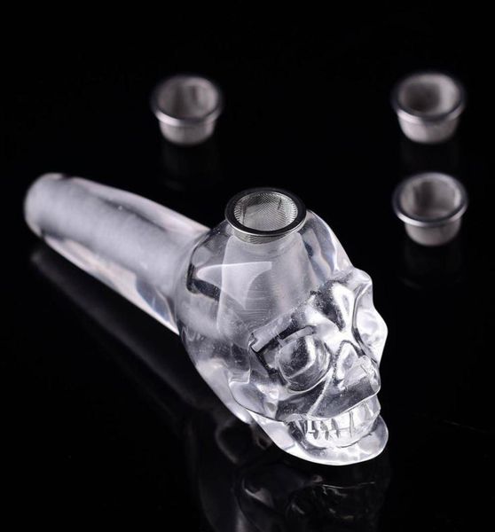 1pcs semi preciosos de cristal clear cleartz skull rock wand fumando tubos de 3 metal filtros artesanais aumentados em energia 7871848