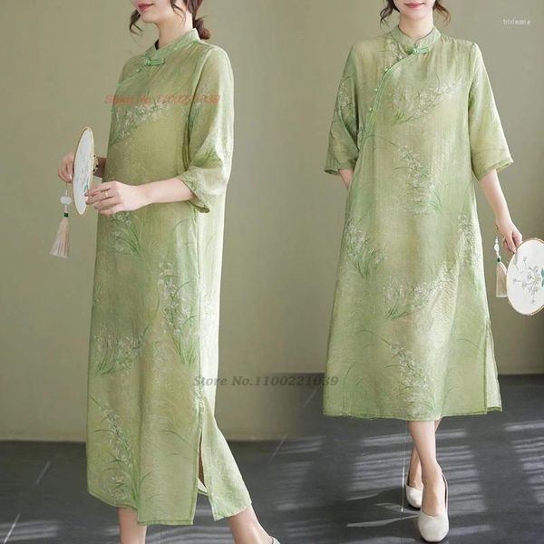 Abbigliamento etnico 2024 vestito cinese Cheongsam vintage tradizionale fiore Linen cotone Qipao Oriental Folk A-line