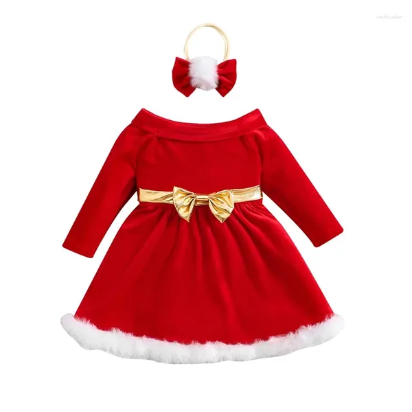 Mädchenkleider Kleinkind Girls Weihnachtskleid von Schulter Langarm Velvet mit Stirnband Baby Holiday