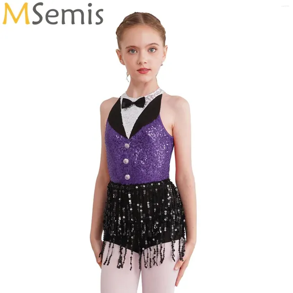 Bühne Wear Kids Girls Latin Jazz Tanz Performance Kostüm einteilige Boyshorts Paillistin Tassel Tango Cha-Cha Samba Hip Hop Kleid