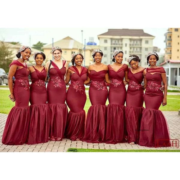 Schwarze Mädchen Afrikaner langer rotes Meerjungfrau Cabrio Brautjungfer Kleider Formale Trauzeug -Kleid -Kleider -Hochzeitskleider Vestidos de Fiesta 0430