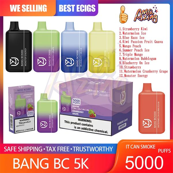 100% Original Uzy Bang BC 5000 Puff-Einweg-Vape Vape Stift 12 Geschmack E. Zigaretten Typ-C 650mAh wiederaufladbare Batterie 12 ml 0% 2% 3% 5% Patronen Vaporizer Gerät Puffs 5K Kit Kit