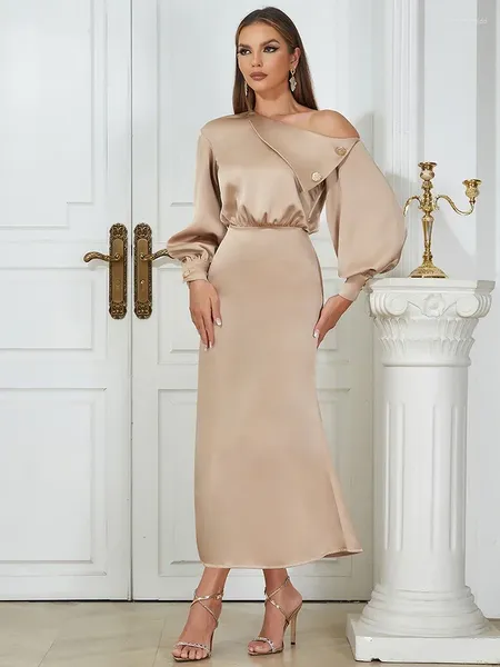 Lässige Kleider Mode elegant Khaki Langer Puffärmel Frauen Maxi sexy Knöpfe eine Schulter Satin Runway Geburtstage Partykleid