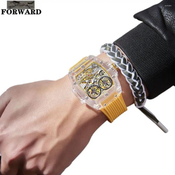 Armbanduhren nach vorne Doppel Flyer Fashion Sports hohl leuchtende wasserdichte Herren Uhr Automatische mechanische Weinfass Form Herrenuhren