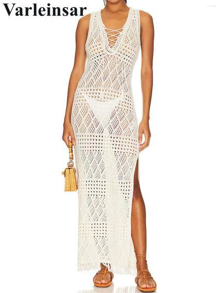 Sexy V Neck Tassel Hollow Out Crochet Tunic Tunic Beach Coverp ups Dress Use Beachwear Feminino Mulheres V5556