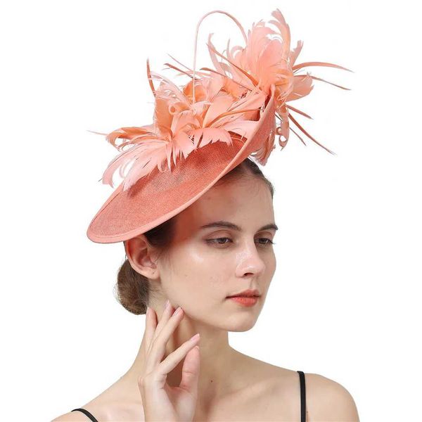 Breite Krempelnhüte Bucket Hats Frauen große Blumen Faszinator Haare Clip Federn Hochzeit Royal Ascot Race Accessoires Stirnbänder für Frauen Y240426