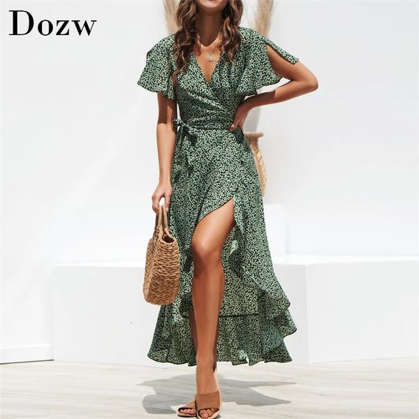 Summer Beach Maxi платье Женское цветочное принт Boho длинные шифоновые оборки обертывание повседневной V-образной сексуальной вечеринки 240423